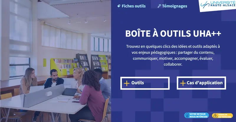 Page d’accueil de la Boîte à outils UHA++ : à gauche, une photo d’étudiants travaillant en groupe autour d’une table ; à droite, le titre, une phrase de présentation et deux boutons, « Outils » et « Cas d’application ».